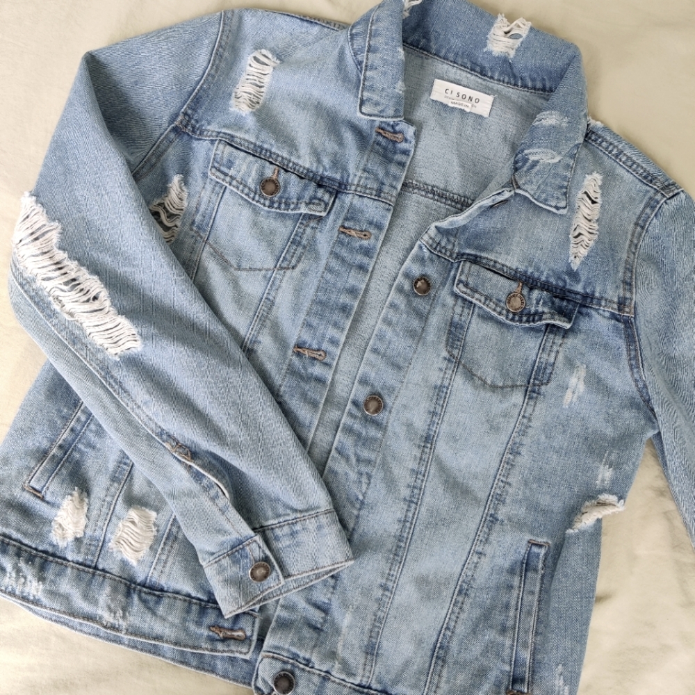 Distressed jean jacket size XL